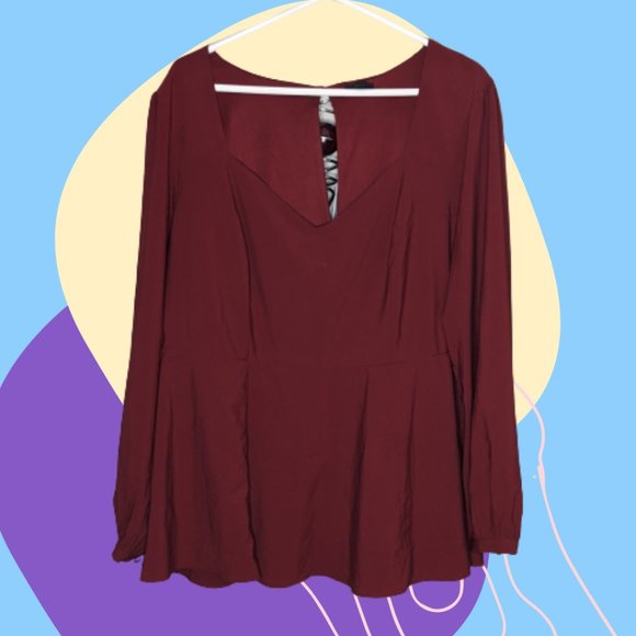 Plus Burgandy Long Sleeve Baby-Doll Blouse - Picture 2 of 4